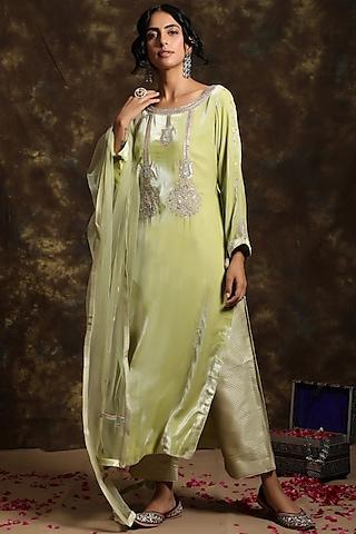 pista green embroidered kurta set