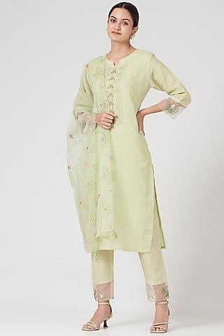 pista green embroidered kurta set