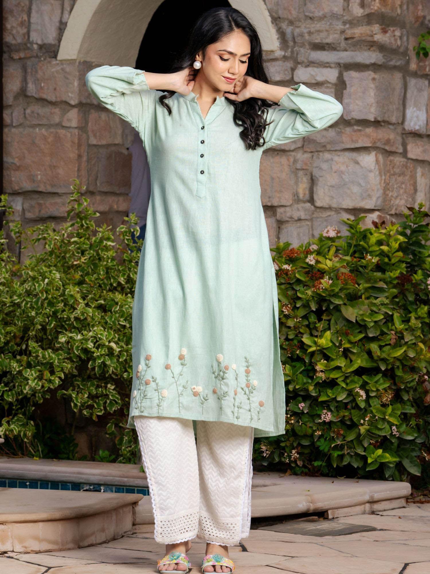 pista green embroidered kurta