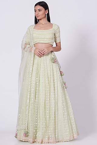 pista green embroidered lehenga set