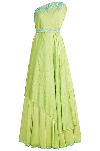pista green embroidered printed draped top with skirt & belt