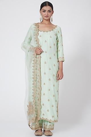 pista green embroidered straight kurta set