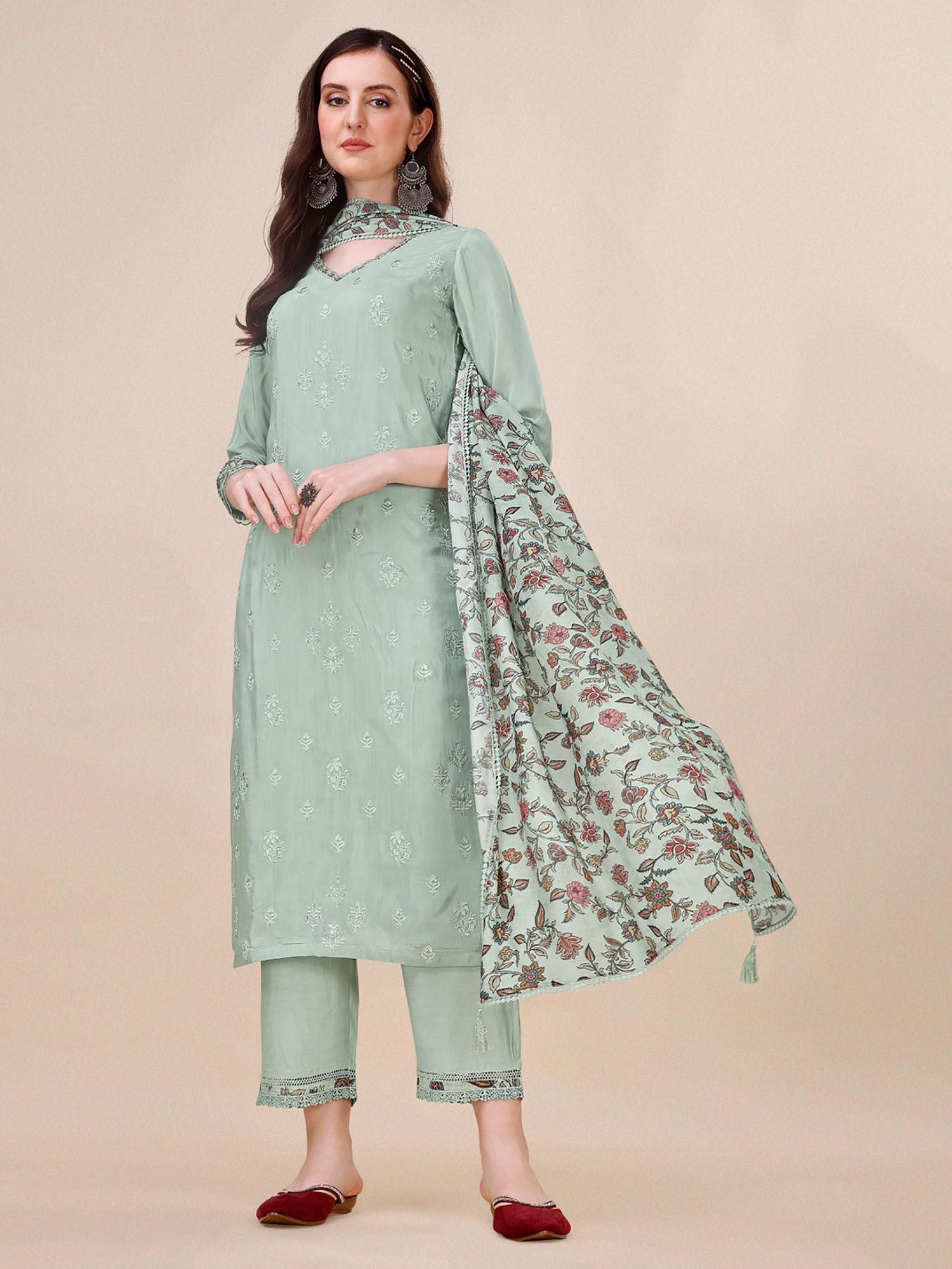 pista green embroidery silk straight kurta with trouser & printed dupatta (set of 3)