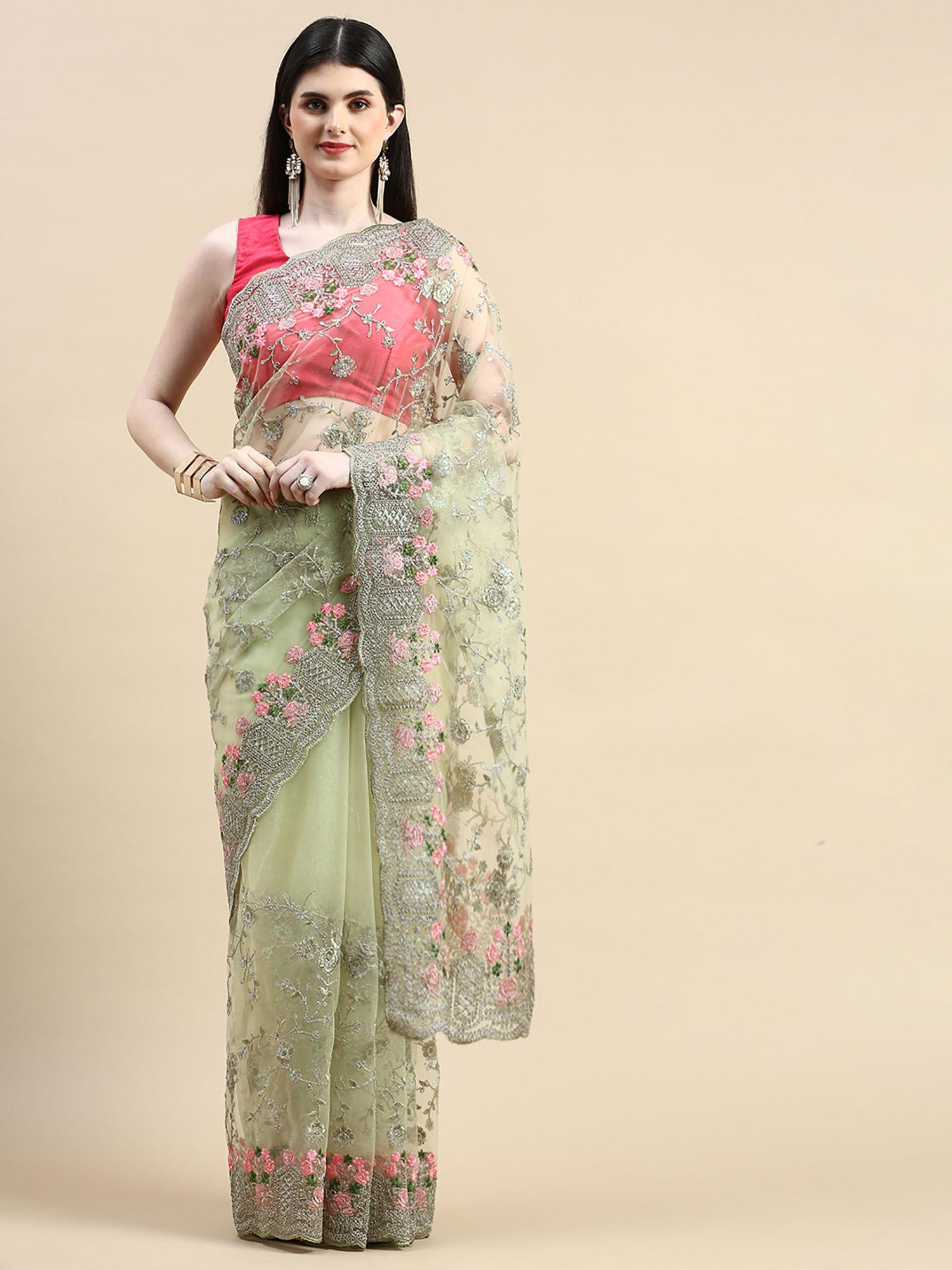 pista green floral embroidered net heavy work saree with unstitched blouse