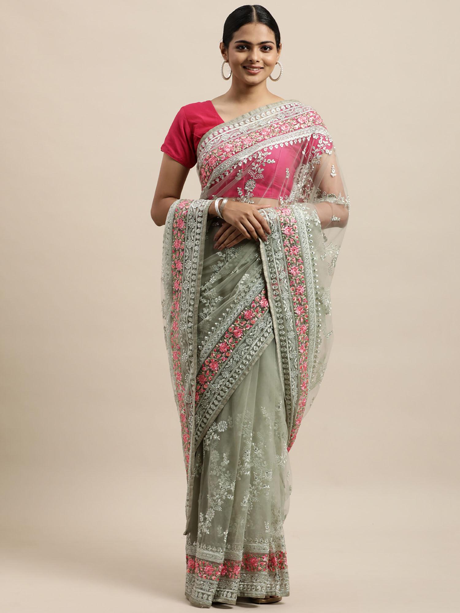 pista green floral embroidered net saree with unstitched blouse