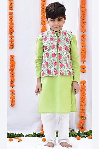 pista green floral printed nehru jacket with kurta set for boys