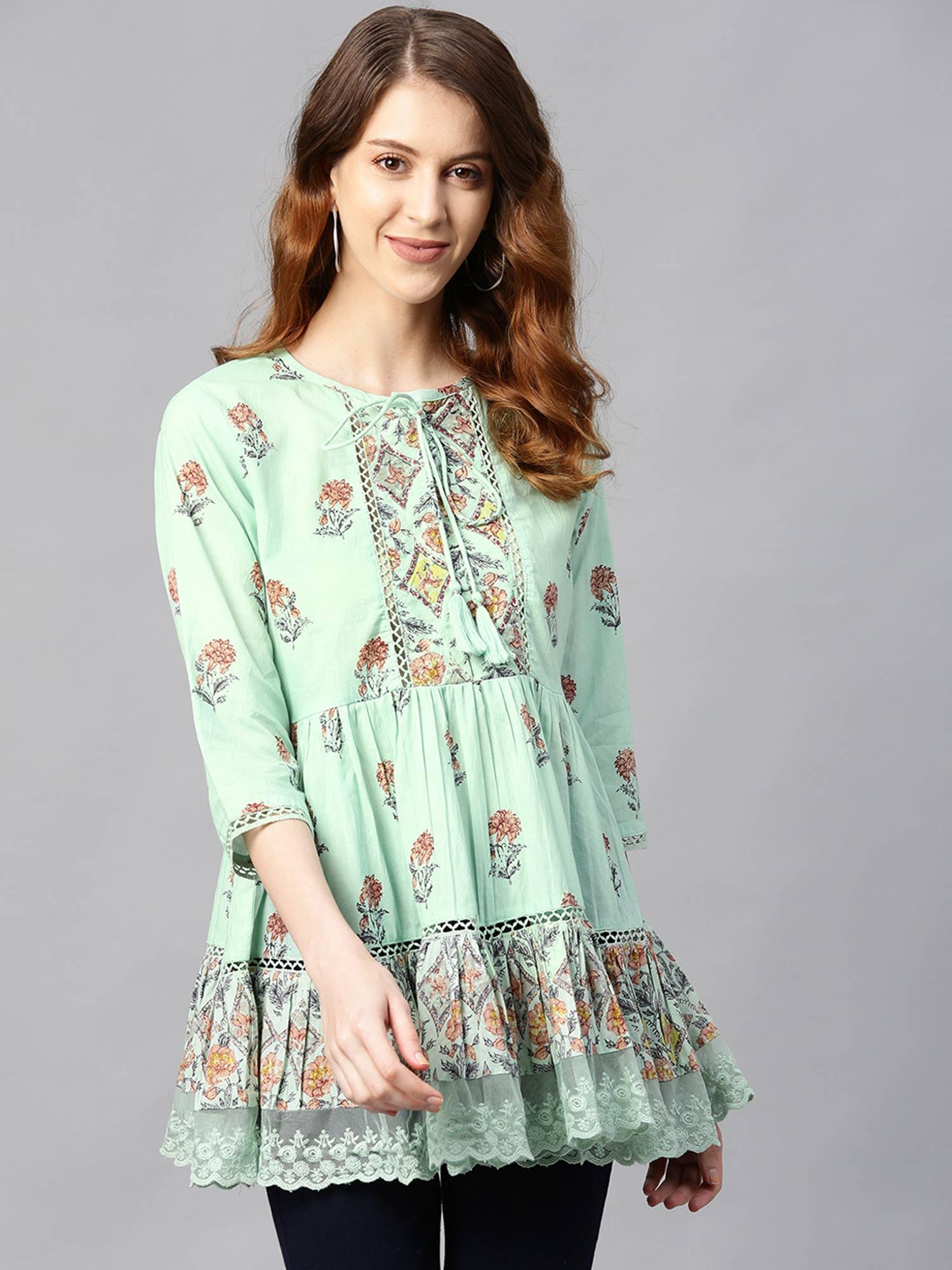 pista green floral printed pure cotton peplum tunic with lace