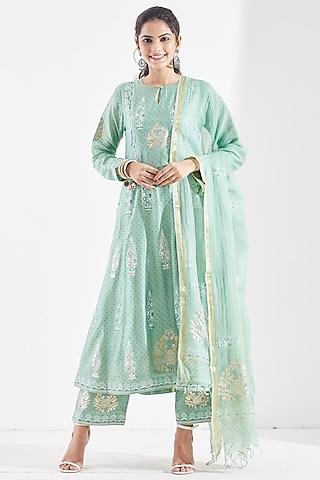 pista green foil printed anarkali set