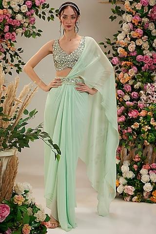 pista green georgette draped saree set