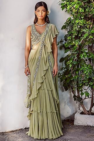 pista green georgette embroidered saree set