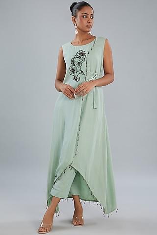 pista green georgette hand embroidered high-low angrakha kurta set