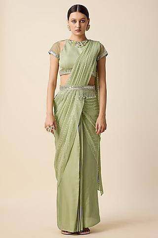 pista green georgette stone & mirror embroidered pleated pre-stitched saree set.