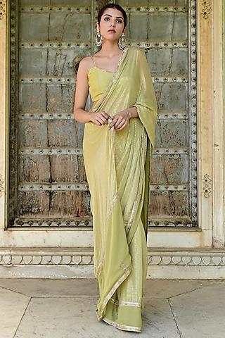 pista green golden lurex sequins & zari embroidered saree set