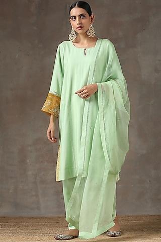 pista green hand embroidered kurta set