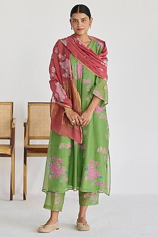pista green handwoven chanderi floral printed kurta set