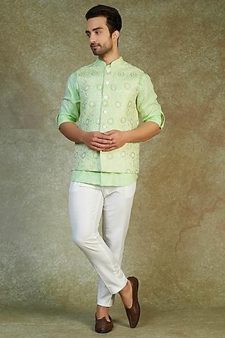 pista green linen embroidered bundi jacket with shirt