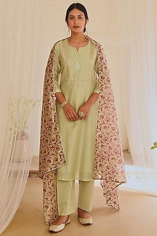 pista green machine embroidered kurta set