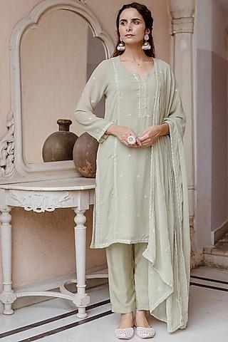 pista green machine embroidered straight kurta set