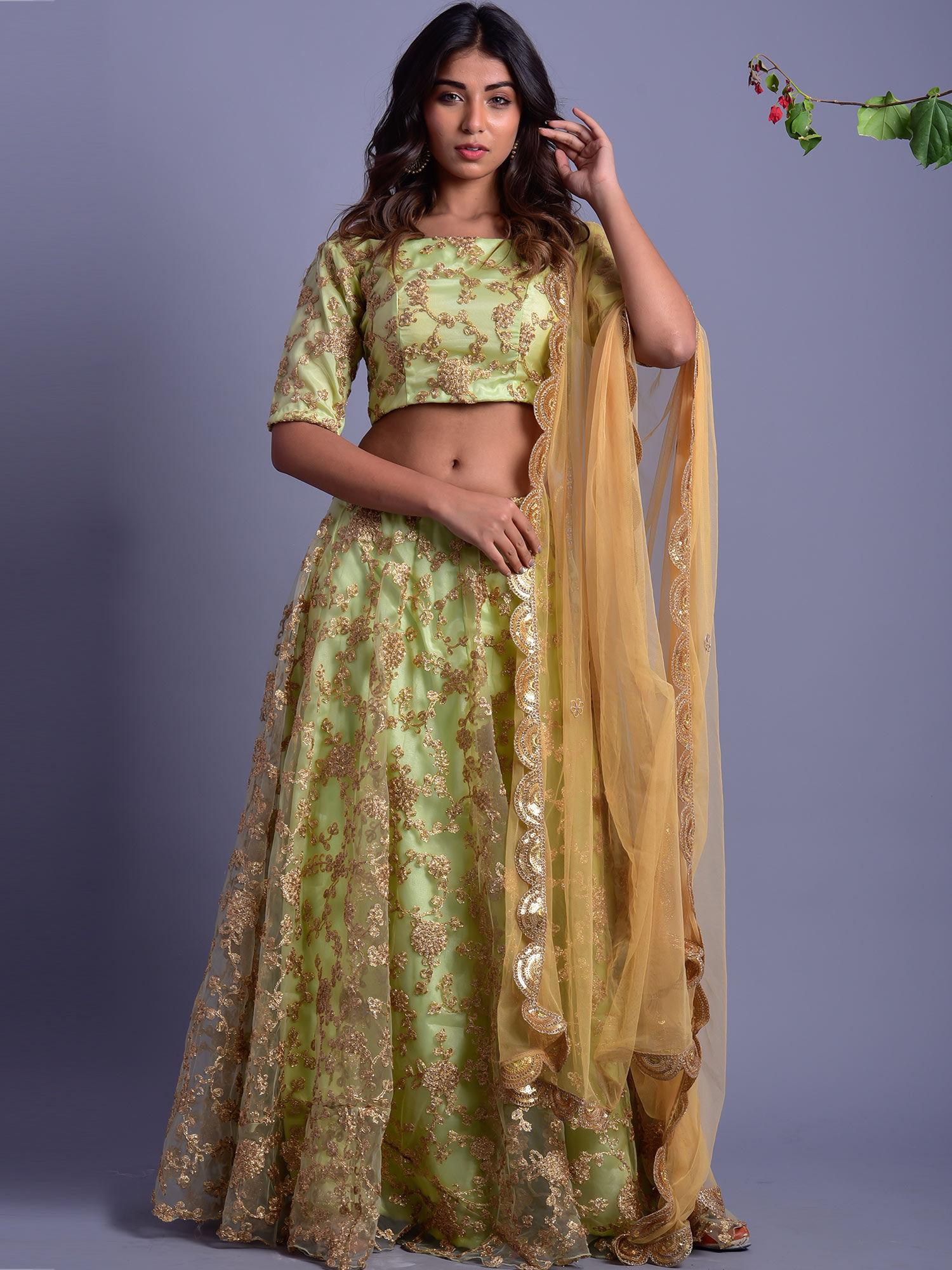 pista green net lehenga set with golden dupatta (set of 3)