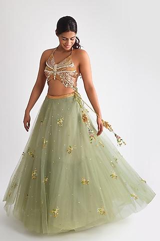 pista green net sequins & ghungroo hand embroidered lehenga set