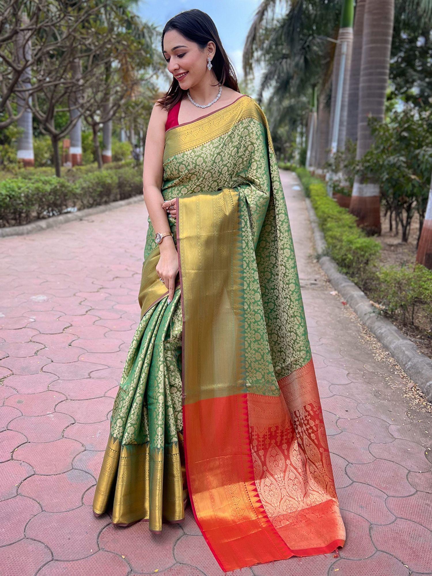 pista green one gram gold tissue saree with unstitched blouse