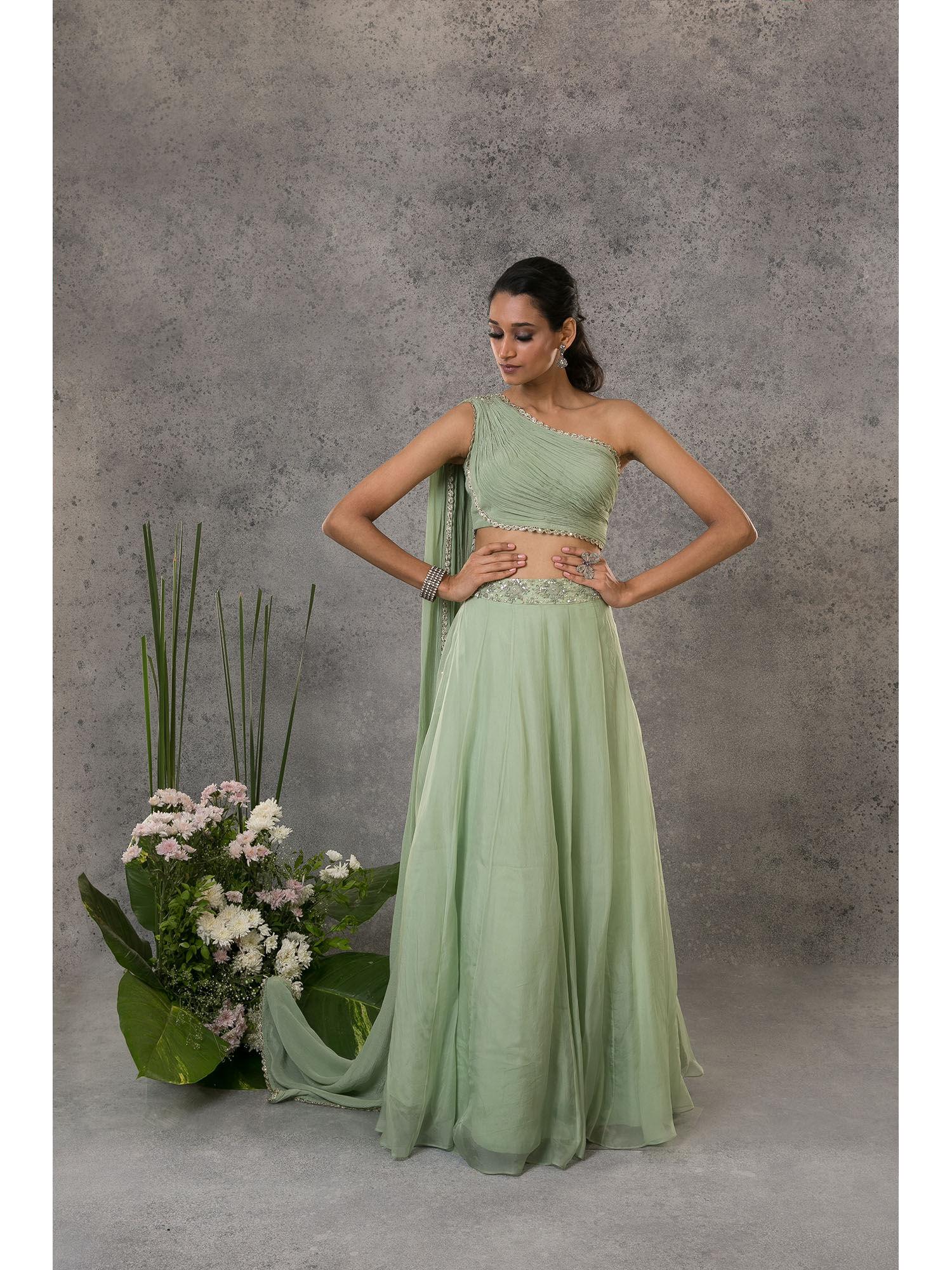 pista green one shoulder lehenga with blouse (set of 2)