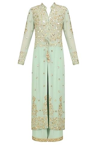 pista green pearl embroidered jacket and churidaar set