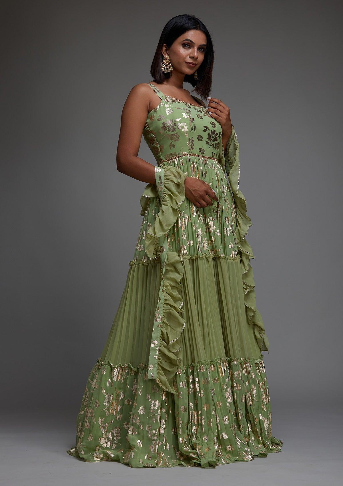 pista green printed georgette designer anarkali suit