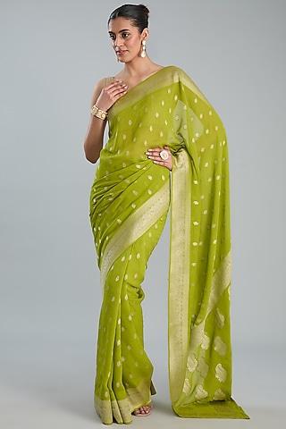 pista green pure chiffon banarasi handloom weave embroidered saree set