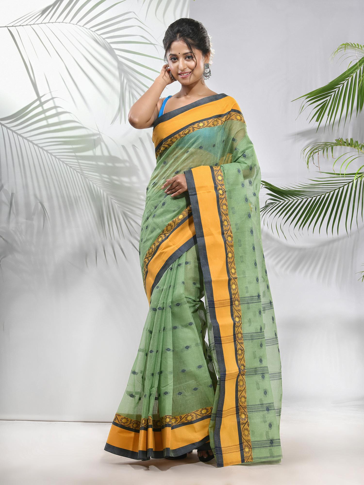 pista green pure cotton tant woven designs saree without blouse