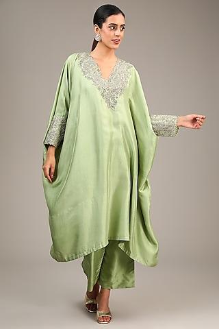 pista green pure silk pearl & zardosi embroidered kaftan set