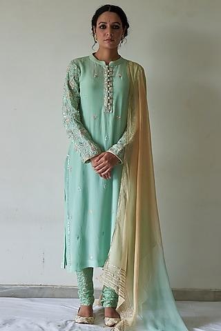 pista green sequins embroidered kurta set