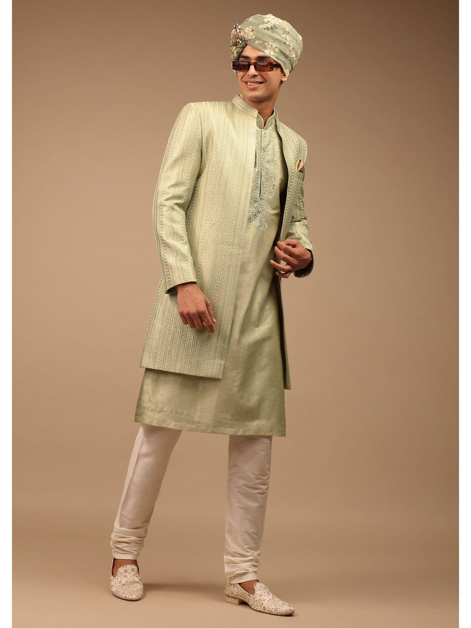 pista green sherwani with intricate resham and mirror work (set of 2)