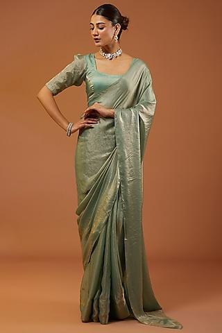 pista green shimmer tissue crepe embroidered saree set