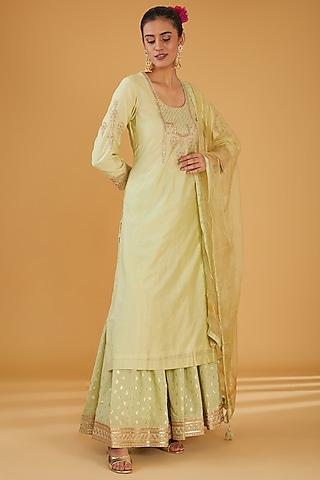 pista green silk blend zari embroidered kurta set