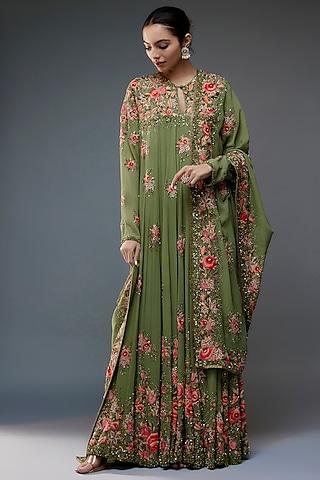 pista green silk chiffon floral embroidered anarkali set