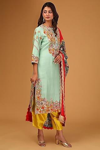 pista green silk embroidered kurta set