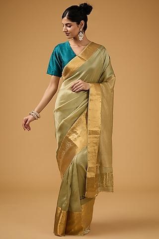 pista green silk floral embroidered saree set