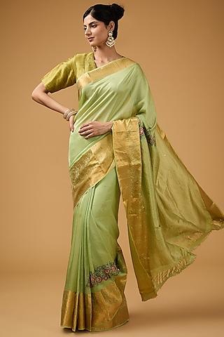 pista green silk floral embroidered saree set