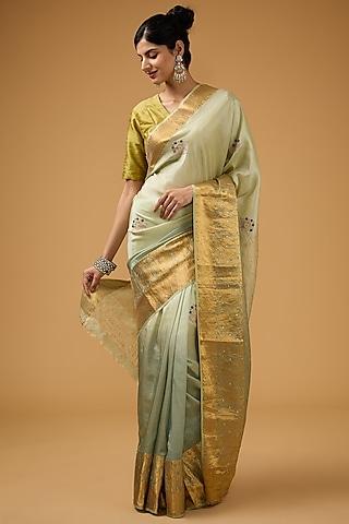 pista green silk floral motif embroidered saree set