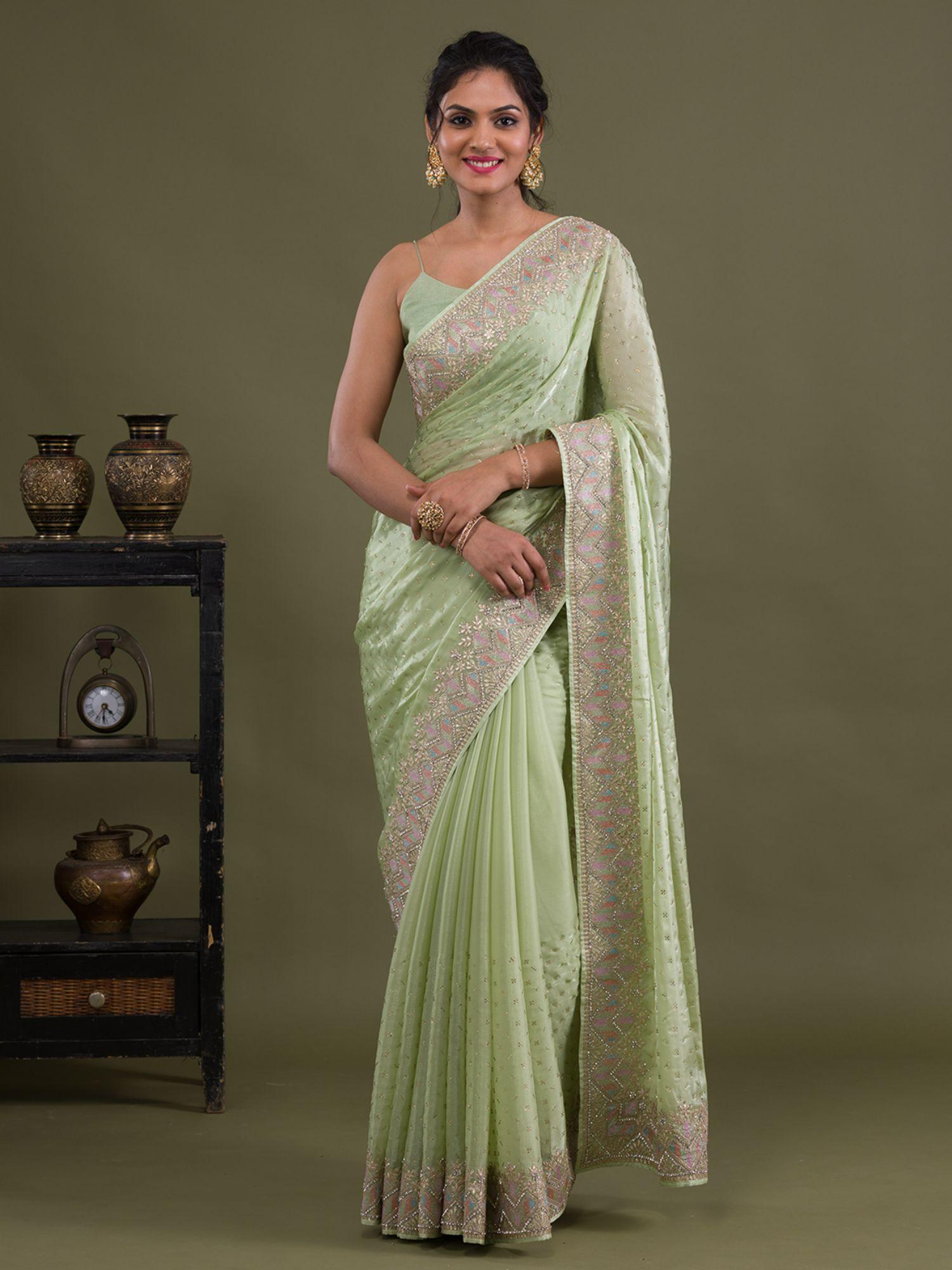 pista green stonework satin saree with unstitched blouse