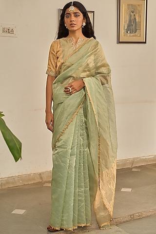 pista green tissue saree set