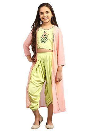 pista green top-salwar-pink gilet girls set