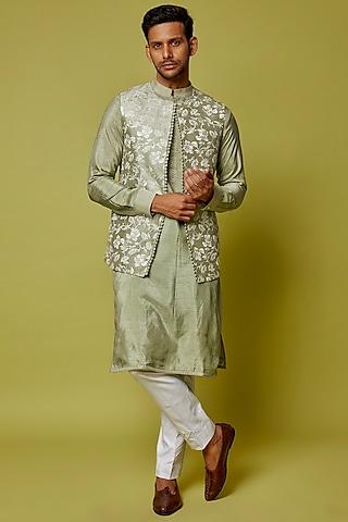 pista green tussar silk embroidered nehru jacket