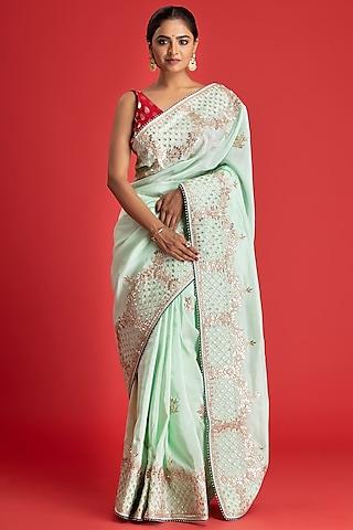 pista green upada silk embellished saree set