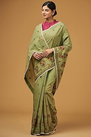 pista green viscose modal silk floral embroidered saree set