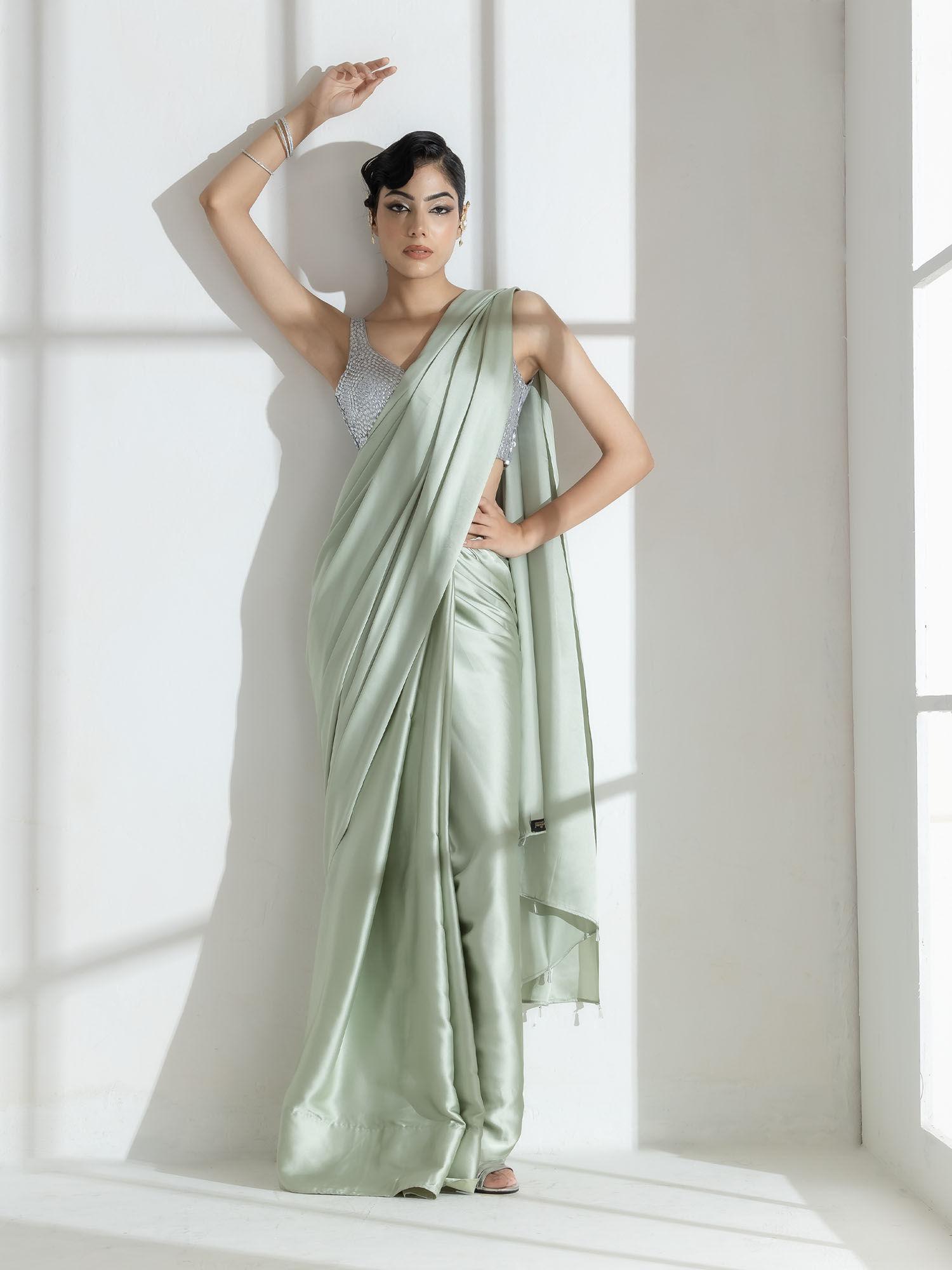 pista satin saree with transparent beads