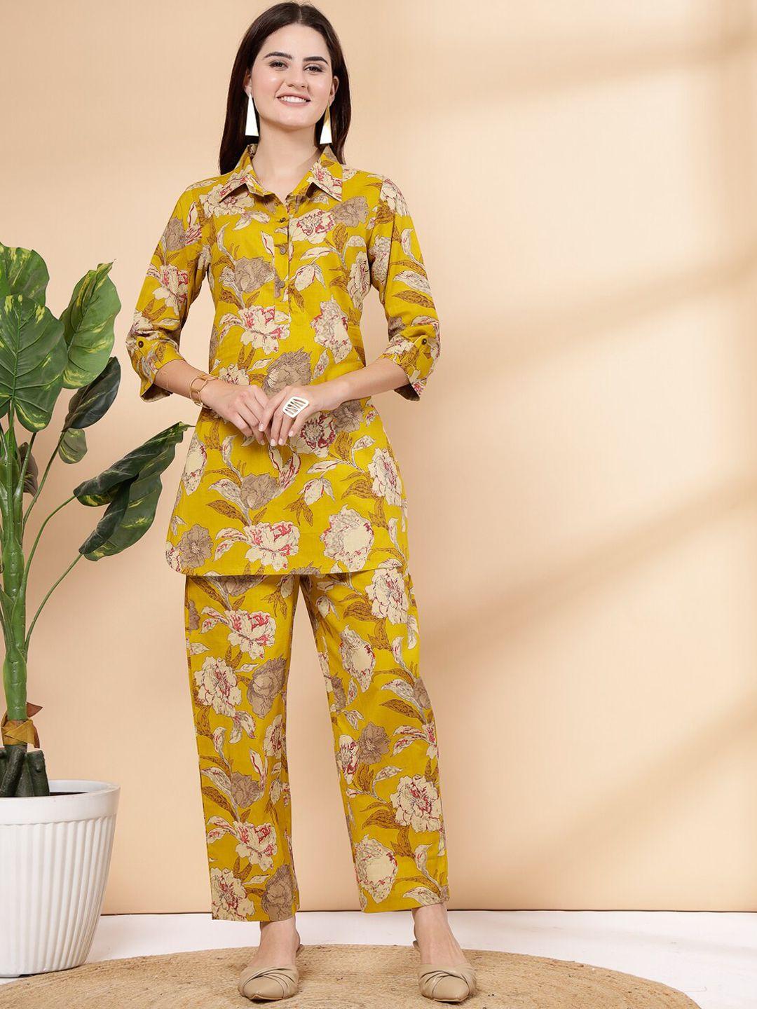 pistaa floral printed pure cotton top with trousers
