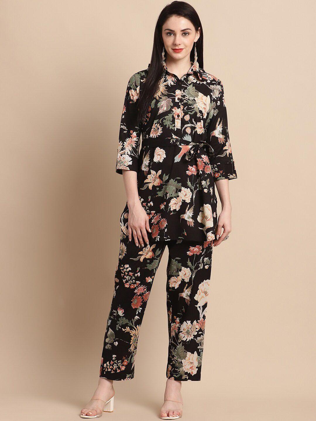 pistaa floral printed pure cotton tunic & trousers co-ords