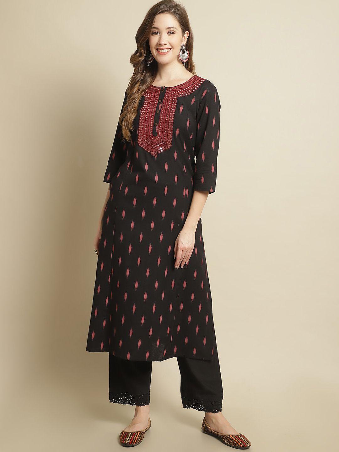 pistaa abstract printed mirror work pure cotton kurta